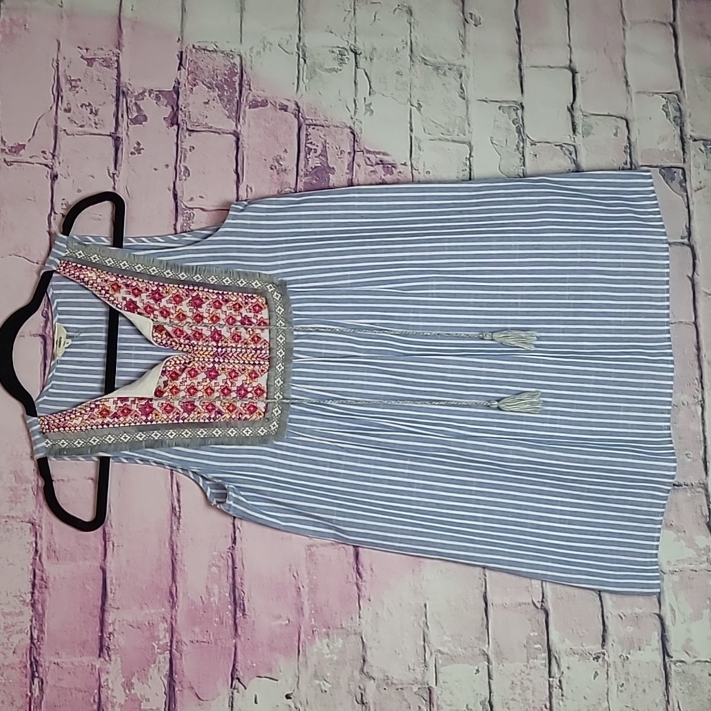 ENTRO NAVY WHITE STRIPED EMBROIDERED TASSEL LONG LINE DRESS SWIM COVER SMALL